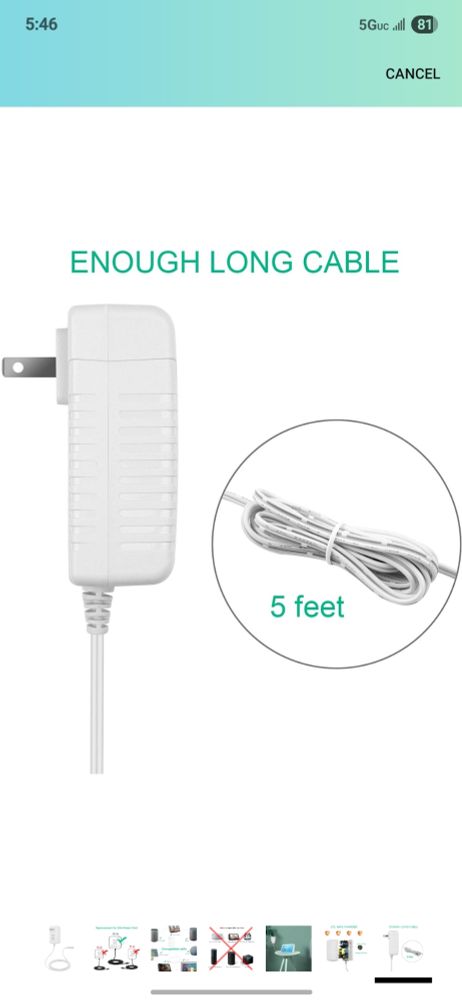 Amazon product photo of a device power cable which says ENOUGH LONG CABLE (5 feet)