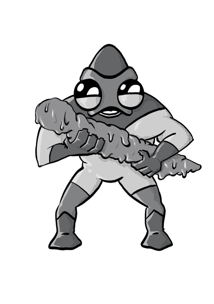 An alien holding a person shaped sloppy mess