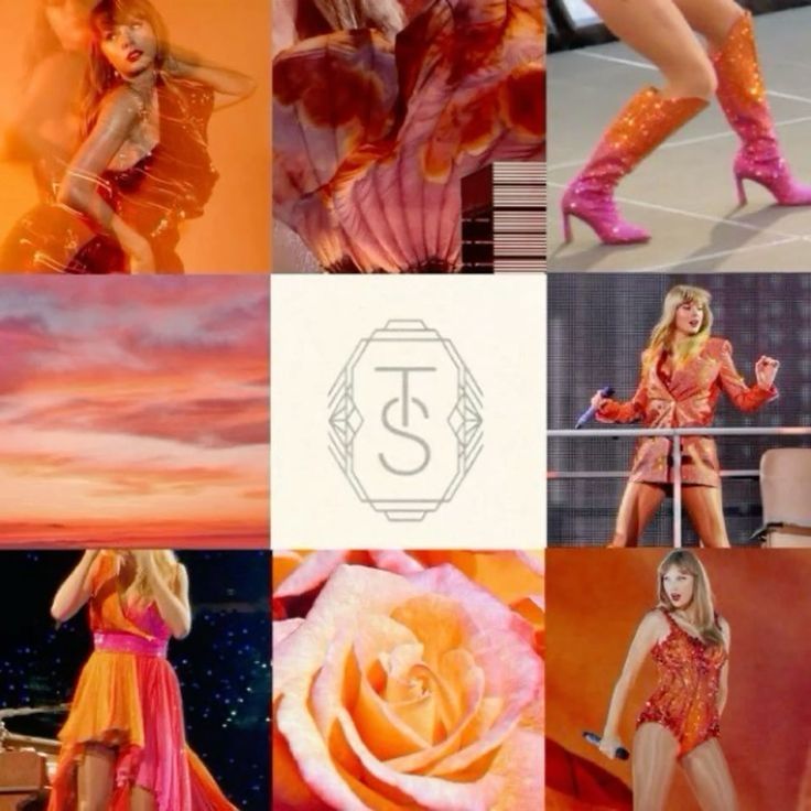 ​A 3x3 grid of images, predominantly in shades of orange and pink, featuring Taylor Swift in various outfits and performance shots, with a stylized "TS" logo in the center.