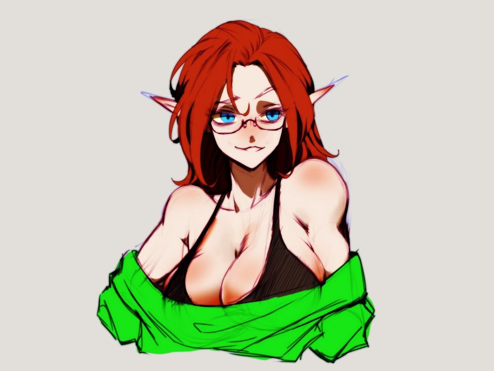 Fen's Elemental High Elf Doctor OC, Scarlett Willowbloom.
Blue eyes, long red flowy hair, curvy body and fair skin, black glasses.
in her casual green shoulderless sweater top with a black sports bra, blue jeans, black shoes, green thigh high socks.
Art