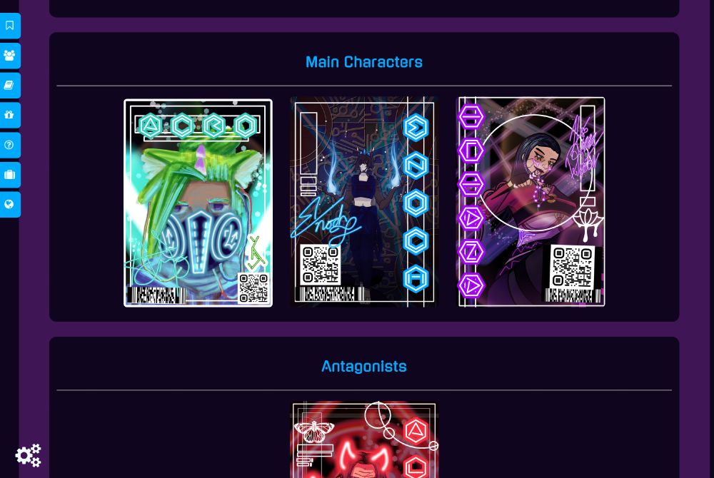 Vekari: Remote Bypass's collection of discovered characters, showing the three main characters: Acro Kameko, Enoch Favonius, and Iliana DuNeotov. Alden Kemp is barely seen underneath under Antagonists.