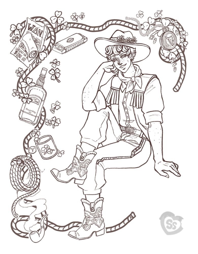 My oc Colin (he/him) sitting, depictions of items I associate with him framing the picture including pocket watch, wanted posters, harmonica, whiskey bottle & glass, pipe and spool of rope. Clover leaves and bullets scattered among the items