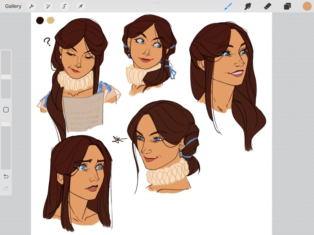 Various expression studies of Aurélie du Gaullois, a Dragon Age OC. She has warm-toned skin, blue eyes and long auburn hair. Her hair is tied back with a blue ribbon in some of the studies. Likewise, she is wearing a cream-and-gold ruff in some of the studies. Clockwise, the expressions included are thoughtful/sceptical, amused incredulity, pleased/smiling, irritated, and shocked/tearful.