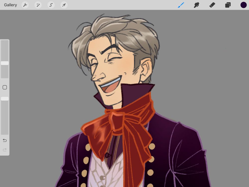 A screenshot of a rendered head-and-shoulders character design against a grey background. The character, Holt, is a young man in his mid to late twenties. He has short, mousey-grey hair and is wearing regency-era clothing: a plum-coloured shirt and velvet overcoat, a white waistcoat with a tree-bark pattern, and a burnt-orange silk cravat tied in a large, lopsided bow. He is laughing.