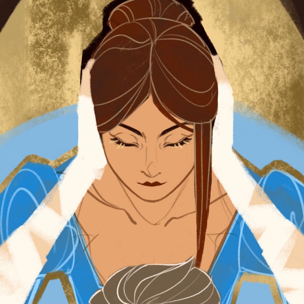 A close-up of the woman from the larger preview image. She has auburn hair in a bun and warm-toned skin, and is wearing a blue dress with puff sleeves and a low neckline. Her eyes are closed and there are gold flecks in her eyelashes. She has a calm, peaceful expression. The hands of the man she is leaning over are covering her ears.