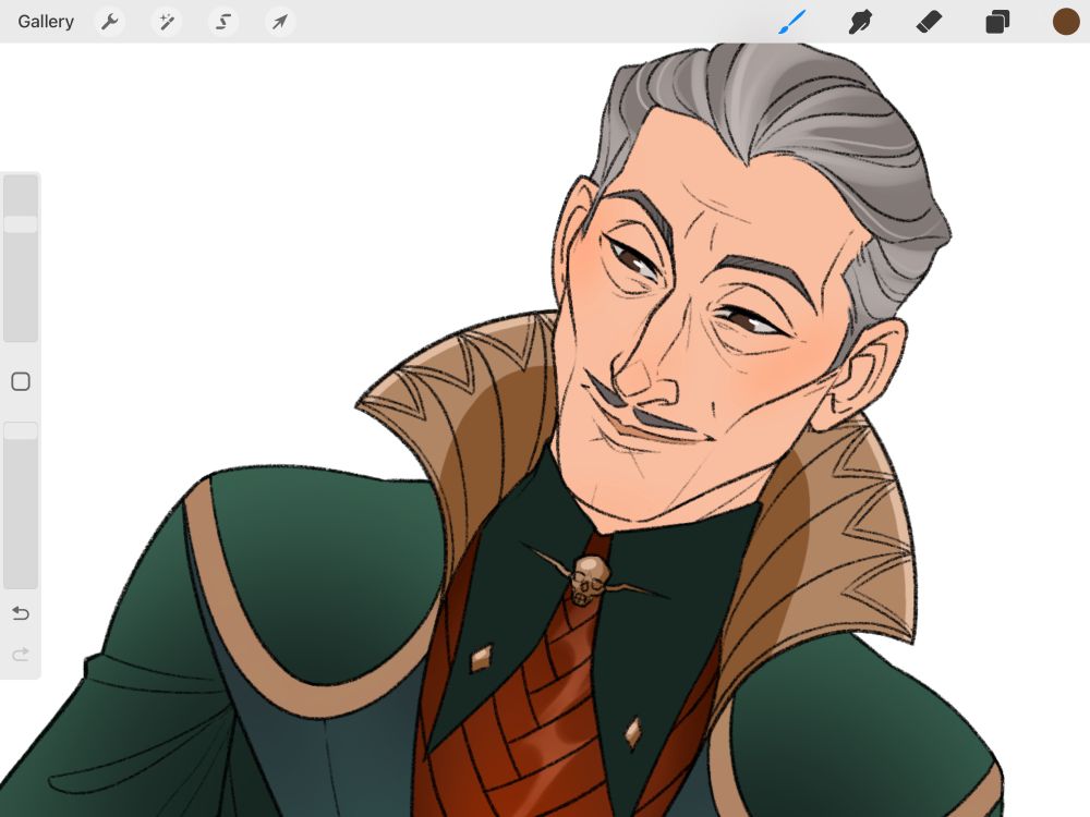 A WIP screenshot of Emmrich Volkarin from ‘Dragon Age: The Veilguard’. He is wearing a new non-canon formal outfit in emerald green, burnt orange and gold. He is leaning to the right with a gentle, affectionate smile.