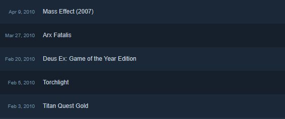 A picture of my first five purchases on steam, all from 2010. In order: Titan Quest Gold, Torchligh, Deus Ex: Game Of The Year Edition, Arx Fatalis, Mass Effect