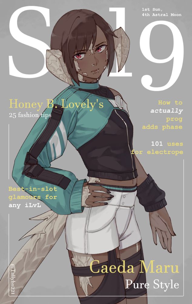 A hypothetical Solution 9 themed fashion magazine cover featuring one of my FFXIV characters' Caeda, wearing a turquoise tech-wear outfit. 