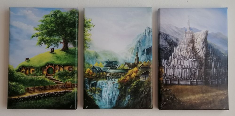 3 paintings on canvas that merge into one another - from left to right: a hobbit hole, Rivendell, and Minas Tirith 