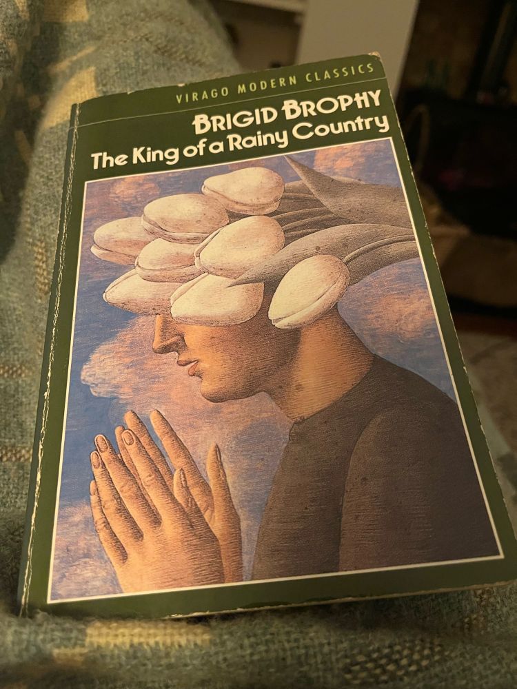 The Virago Modern Classics edition of Brigid Brophy’s The King of a Rainy Country, featuring a painting of a woman in profile against a blue, cloudy sky, hands almost in prayer, a bunch of horizontal white tulips obscuring the top half of her face (‘Girl in Meditation’ by John Armstrong)