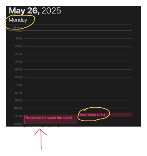 Calendar showing that it is Monday, there is a New Moon, and an an event labeled "Firedance (through the night)"