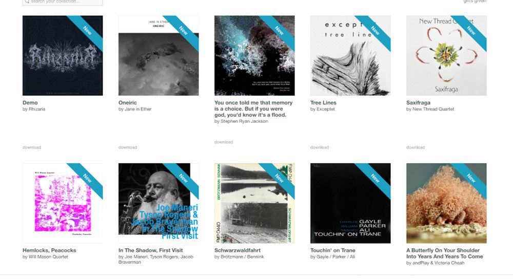 9 album covers for albums purchased on Bandcamp