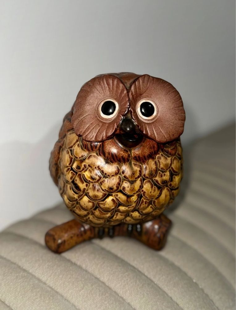 Théière brune en forme de Hibou, le thé se verse à niveau de son bac (vue de face) 