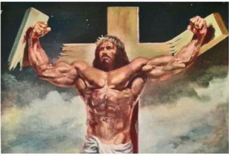 jesus na cruz mas ele é MAROMBA, um físico escultural de fisiculturista, com bíceps do tamanho de um mamífero de médio porte, um peitoral que pararia um um fiat uno mille a 40 km/h, ele está se libertando da cruz e quebrando a madeira em que seus braços foram pregados, Poncio Pilates que se cuide