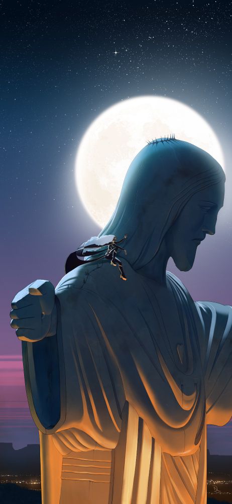 In this promotional piece, Ororo sits on the right shoulder of Rio’s iconic 98ft Cristo Redentor statue. She leans against Him, as though deep in conversation—goddess to God. The statue is lit from below with rich amber lights, reflecting on the embossed heart and the indented nail mark in His palm, while the moon behind His head doubles as a gleaming halo.

I like to imagine this scene framed by a rephrased line that aptly ties together the messianic storm goddess and The Messiah: “Who is this, whose very command bends the wind and stills the raging sea?”