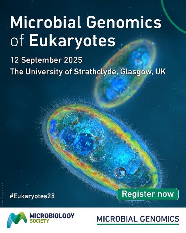 Graphic depicts: Microbial Genomics of Eukaryotes title on blue background with two blue, glowing microbes. Text reads: 12 September 2025, The University of Strathclyde, Glasgow, UK.