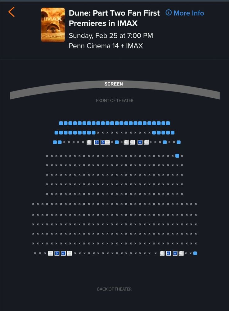 A seating chart for an IMAX showing of Dune 2, almost entirely sold out.