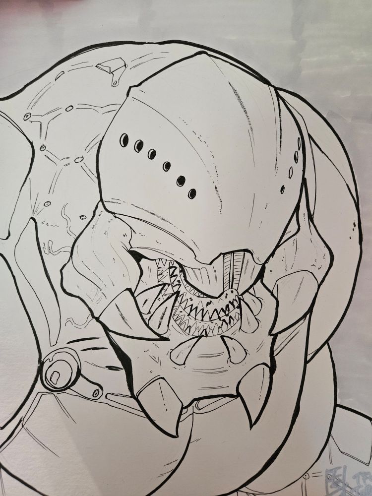 A Berserker from XCOM 2 drawn in with a traditional inking pen. Her maw is open, displaying her multiple rows of sharp teeth.