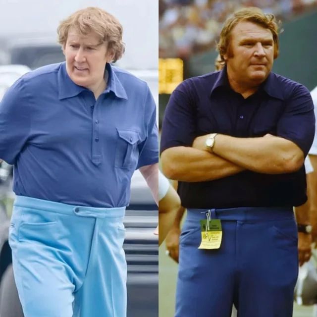 Nicolas Cage as John Madden (left), John Madden (right)

Cage is styled and dressed closely as Madden, including his body type. Cage appears to have gained perhaps a hundred pounds, though this might be clever prosthetics.