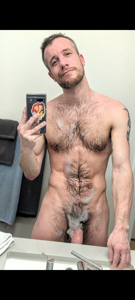 Mirror selfie, post bath with bubbles, showing shaft.