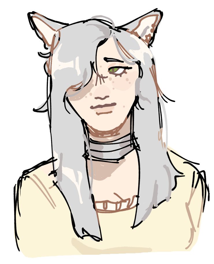 Digital artwork of my OC who is a fair-skinned gal with wolf ears, chartreuse eyes, faint freckles and a metal collar. She wears a simple, light yellow kirtle dress.