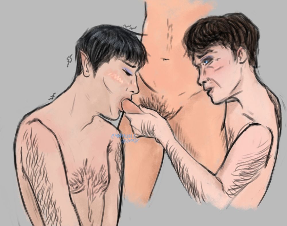 Digital artwork of three people: McCoy guiding Kirk's dick into Spock's mouth, Spock's hands are lowered down and his hair is messy. McCoy is watching him intently. You can't see past Kirk's stomach, but it's implied that it's him.