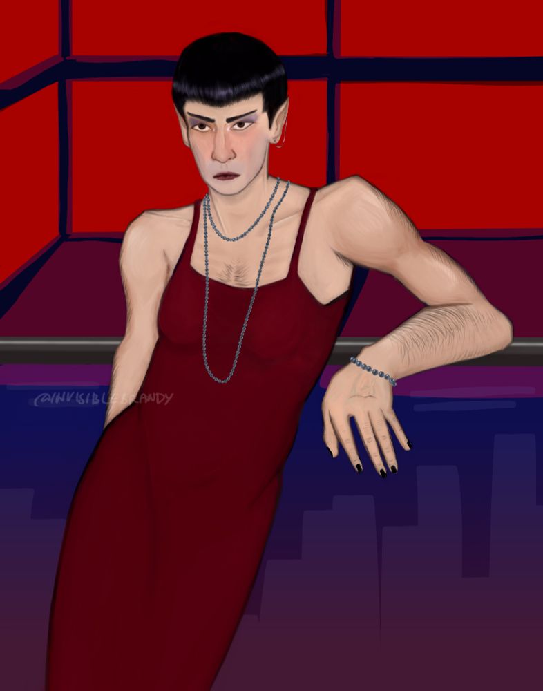 a digital painting of Spock in a tight red dress with no sleeves, leaning against a railing. He's also wearing a long pearl necklace wrapped around the neck twice and a pearl bracelet. In one of his ears is a chain-like earring and he's wearing purple eyeshadow. His expression is somewhat displeased. The background is red, transitioning into purple and blue towards the bottom.