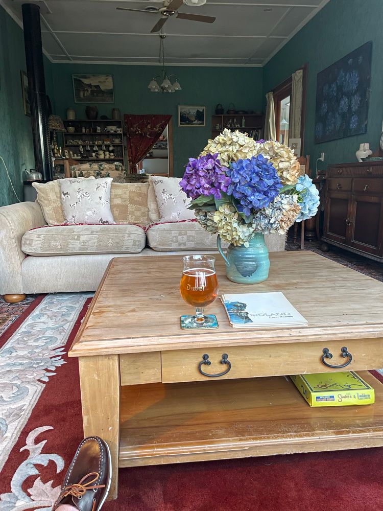 Lounge with giant coffee table.  This a a mf coffee table you could sleep on its that sturdy. Also a book and a beer. Hydrangeas are a thing here. 