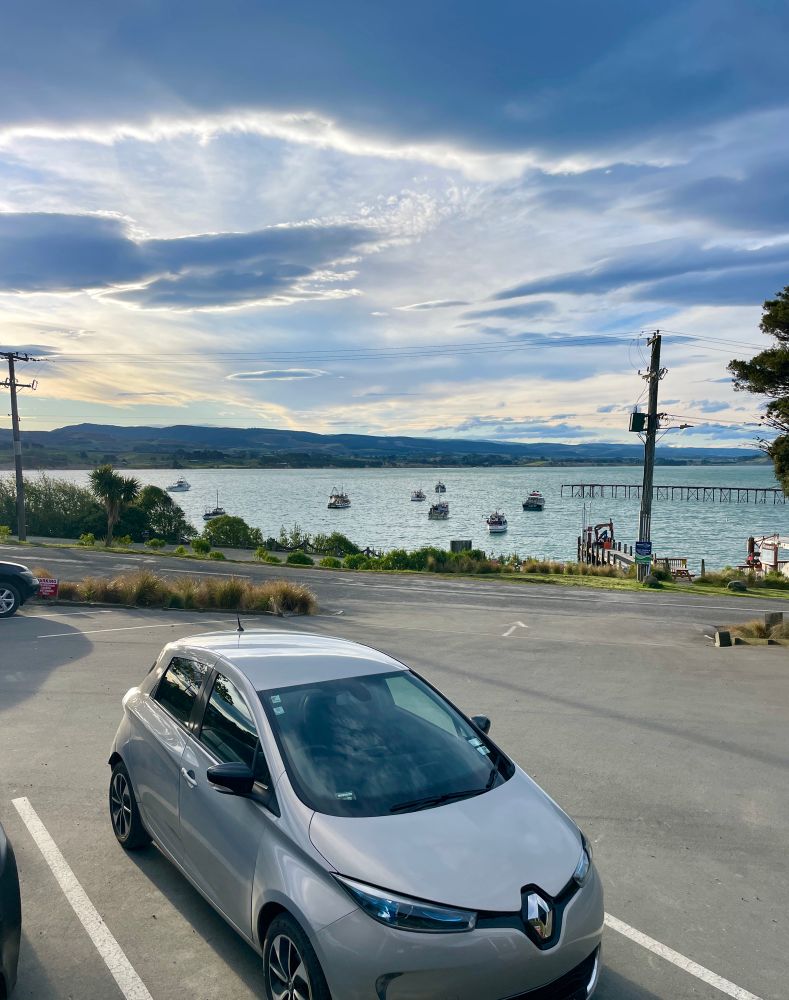 My view at Moeraki my old part time work place. Also my little EV there in the carpark. Done 5000 ks now and loving it. 