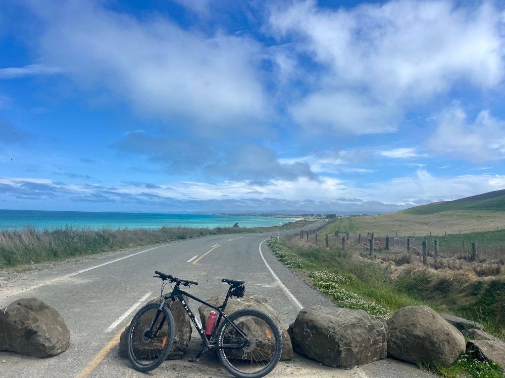 Looking South on old coast road (Beach Rd?) towards Kakanui. Some large boulders to stop vehicles but fine for cyclists and pedestrians.. 