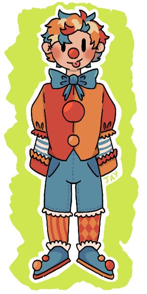 A young clown boy with vibrant and colour hair (light/dark orange, yellow and blue. He has a red clown nose. He is wearing a dark/light orange jacket with puffed up sleeves, a blue ribboned bow, patterned tights and arm gloves, blue shorts and blue shoes.