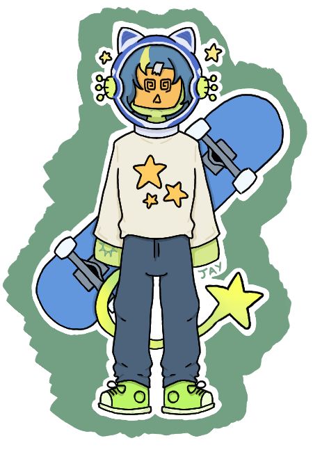 A green humanoid alien wearing a blue and light grey space helmet. He has a tail with a star on its end. He has a post-it note covering his face and is wearing a tan star jumper with blue trousers and green trainers. There is also a blue skateboard in the background :)
