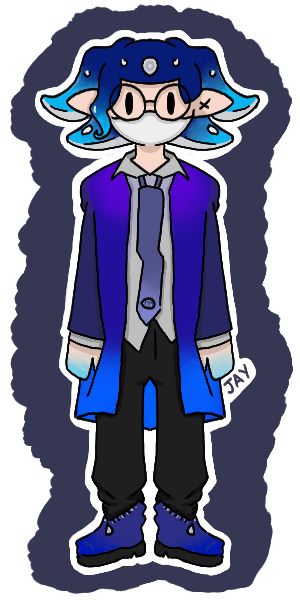 A splatoon like character with blue gradient tentacle hair. They are wearing a blue and slightly purplish blazer, tie and shoes on top of a grey button up shirt and a black pair of trousers. On their face is a white face mask and a pair of black round glasses.