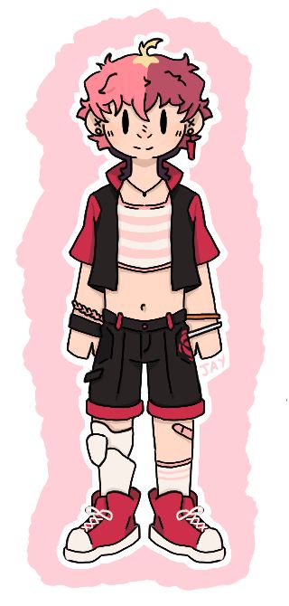 A young girl with two toned pink hair and blonde roots. She is wearing a black and hot pink cropped jacket, shorts and shoes, and a pink and white crop top. She has bracelets, earrings and a necklace. Her right leg is a prosthetic. 