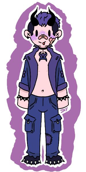 A demon with light pink skin, wearing spiked bracelets and boots, a purple/blue overcoat and cargos, earrings and a choker. He has a purple mullet with shaven sides, plasters on his face and two horns on the top of his head.