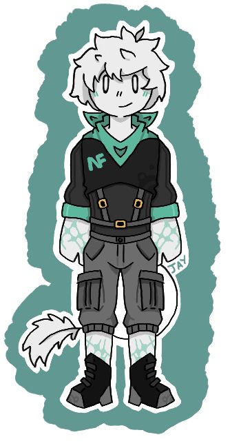A person with completely white skin and hair, they have a tail that looks akin to a feather. He is wearing a black and teal tech outfit with belts across their stomach. It is also wearing a pair of light grey cargo shorts and black boots. On its skin is teal markings. 