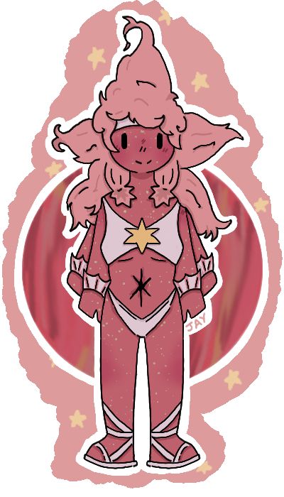 A person with pink skin covered in off yellow freckles. She is wearing very light pink clothes and sandals. They have a symbol upon their stomach. Their hair is pink and is shaped like a star! She also has 4 arms