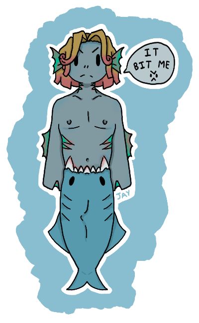 A fish humanoid with blond and pink slightly curled hair - reminds me of seaweed a bit. There are gills on the body and neck. He has been bitten by a huge blue fish up to the waist. Words in the speech bubble read “It Bit Me”