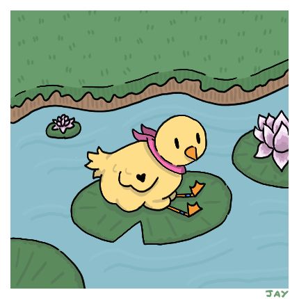 A little chick sitting on a lilypad. They are wearing a pink scarf, two blue bands around their feet and have a heart on their right wing. Surrounding them is water, other lilypads and part of some land.