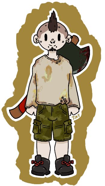 A guy with a Mohawk and buzzed sides. He is wearing a dirty, torn shirt with green camo cargo shorts alongside a pair of black boots with red laces. Behind him is an axe with a red grip which is slightly bloodied. He also has nose and ear piercings.