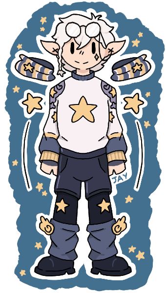 A guy with white shirt hair and a small braid on the right hand side. He has elf ears and wears glasses. His sweater is covered with stars and is white, yellow and blue. He is wearing dark blue shorts, fluffy leg warmers and black shoes. There are stars surround him in the background.
