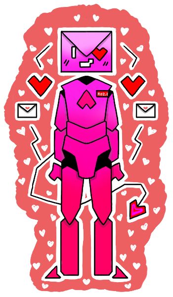 A pink gradiented robot body with an upside down heart in the middle of their chest and a long thin tail ending in another heart. Its head is also pink but shaped like a letter - one eye is white and the other is a heart. Surrounding her are hearts, and love letters.