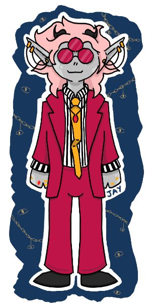 An ‘elder guardian’ humanoid with long pointed ears. They have an assortment of jewellery such as a necklace, earrings and rings. They are wearing a black and white striped button up shirt with a hot pink suit and a yellow tie. They have pink shoulder length hair and wear glasses (that has three lenses).