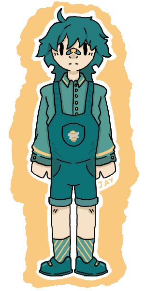 A young person with short teal hair - wearing a teal button up shirt and short overalls with yellow accents. Upon their nose is a bandaid.
