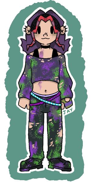 A poison Pokemon trainer with purple, red and black hair. They are wearing a purple crop top with long sleeves which has holes. Their trousers also has holes and is a dark grey colour. They have two belts on and nose and ear piercings. Their whole outfit is covered in green and purple splatters. There is a wound on their heart.