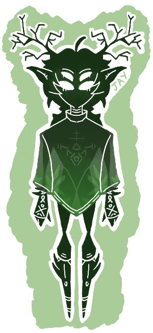 A green thin monster like character with branches akin to antlers and long hair. There are white designs going across his body and he is wearing a see through leaf print shirt. He has glowing white eyes.