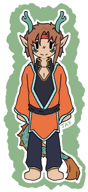 A half - human half dragon like humanoid. With two teal antlers, and a teal tail. Wearing an orange robe, blue trousers and a red headband. He has pointed ears and his hair is a light brown. 