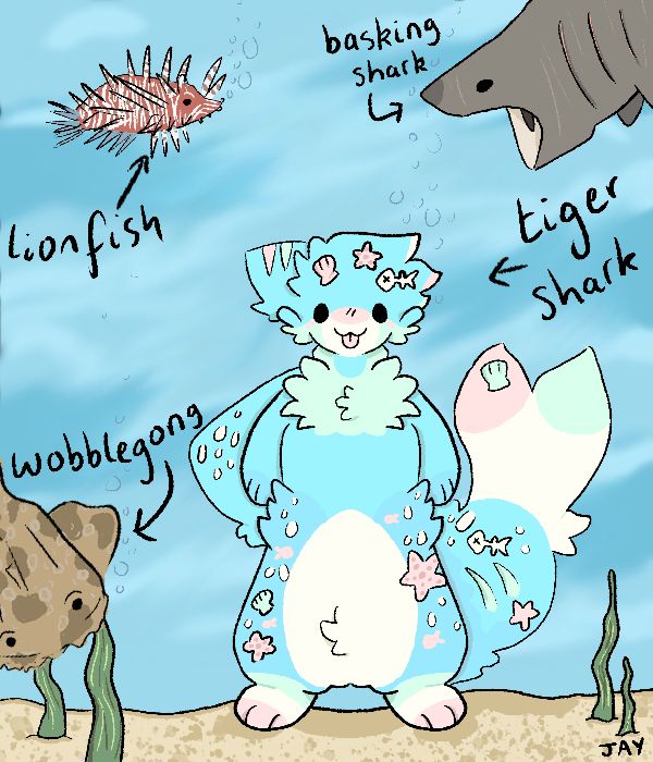 A whale shark based oc belonging to sillyminu! They are standing on an ocean floor surrounded by a basking shark, a wobblegong, a longish and possibly a tiger shark behind them…