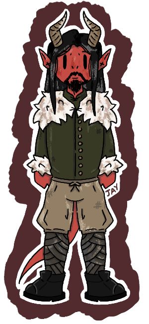 A red tiefling with a goatee. He is wearing a green jacket with fluffy cuffs and hood and a pair of light brown trousers with bandages at the bottom. He has long black hair and a red tail.