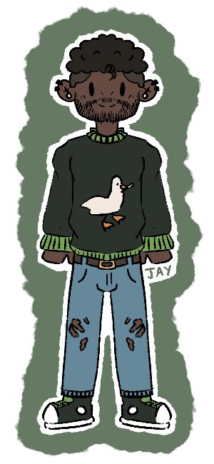 Art of swampedrat’s oc Gabriel. He is wearing a green sweater with a goose holding a knife in its beak, ripped jeans and green converse shoes. He has fluffy hair with shaven sides and is also wearing various ear piercings.